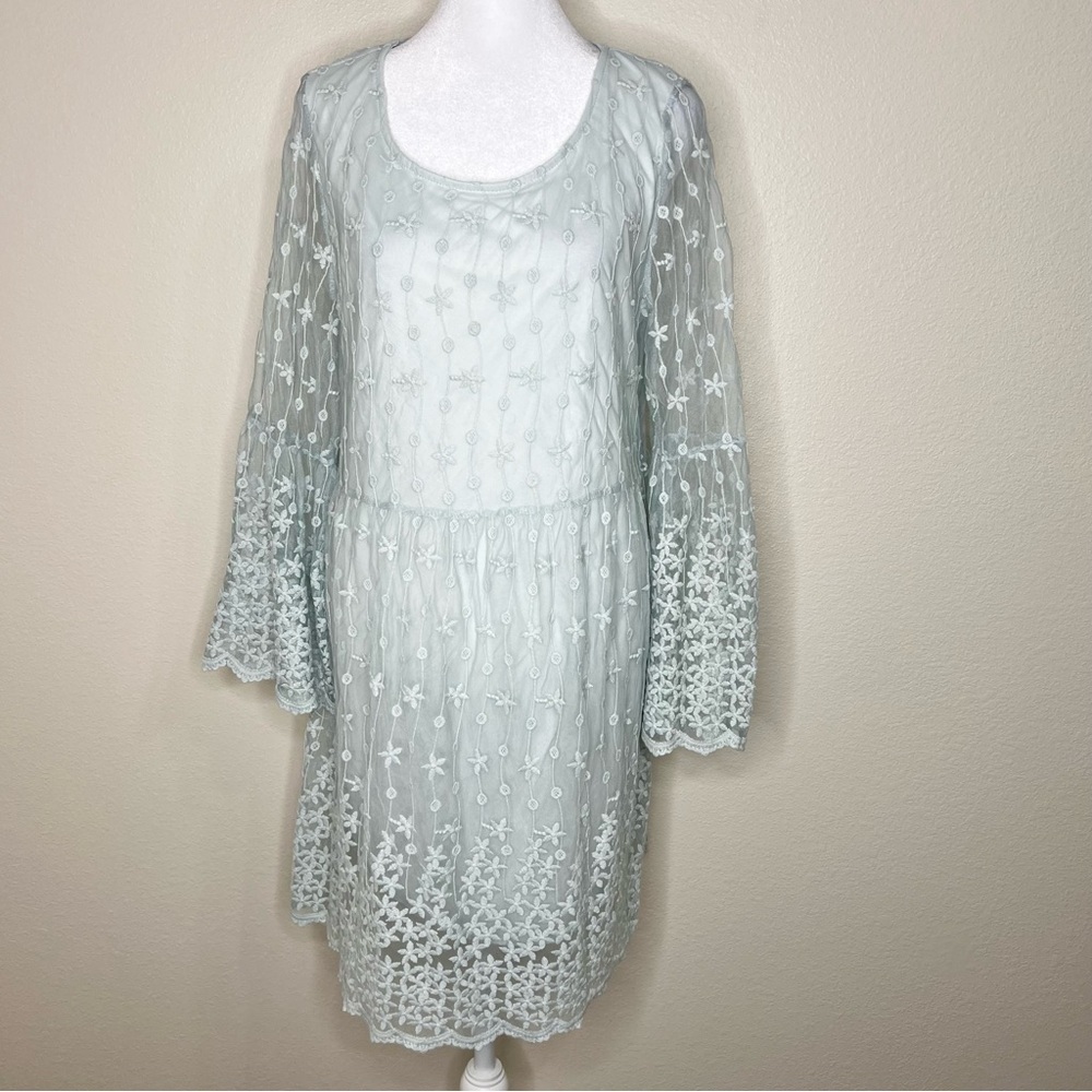 Calstyle Blue Boho Floral Embroidered Sheer Mesh Bell Sleeve Dress Sz M